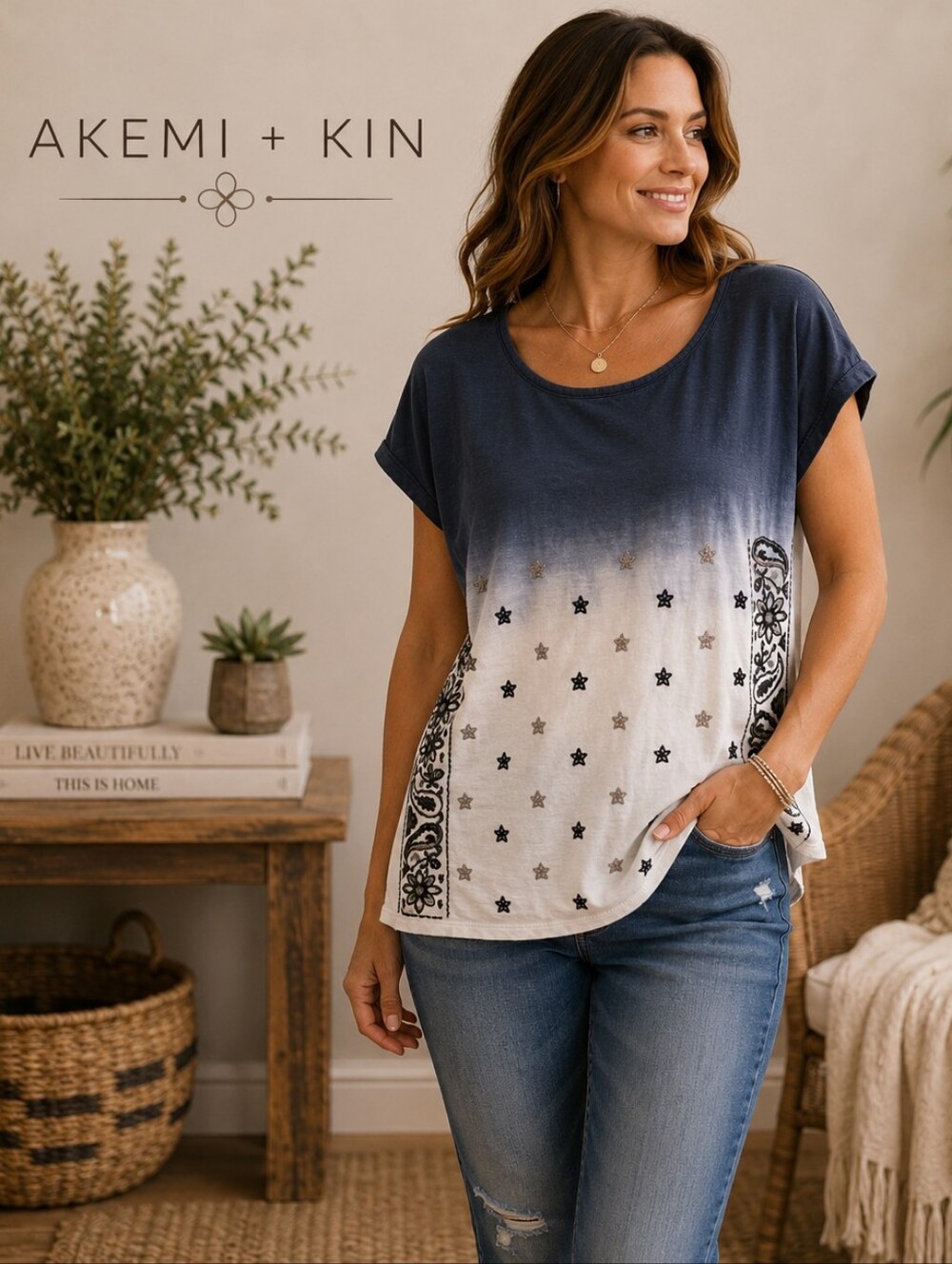 Akemi + Kin Navy Blue White Ombre Embroidered Star Paisley Top Medium